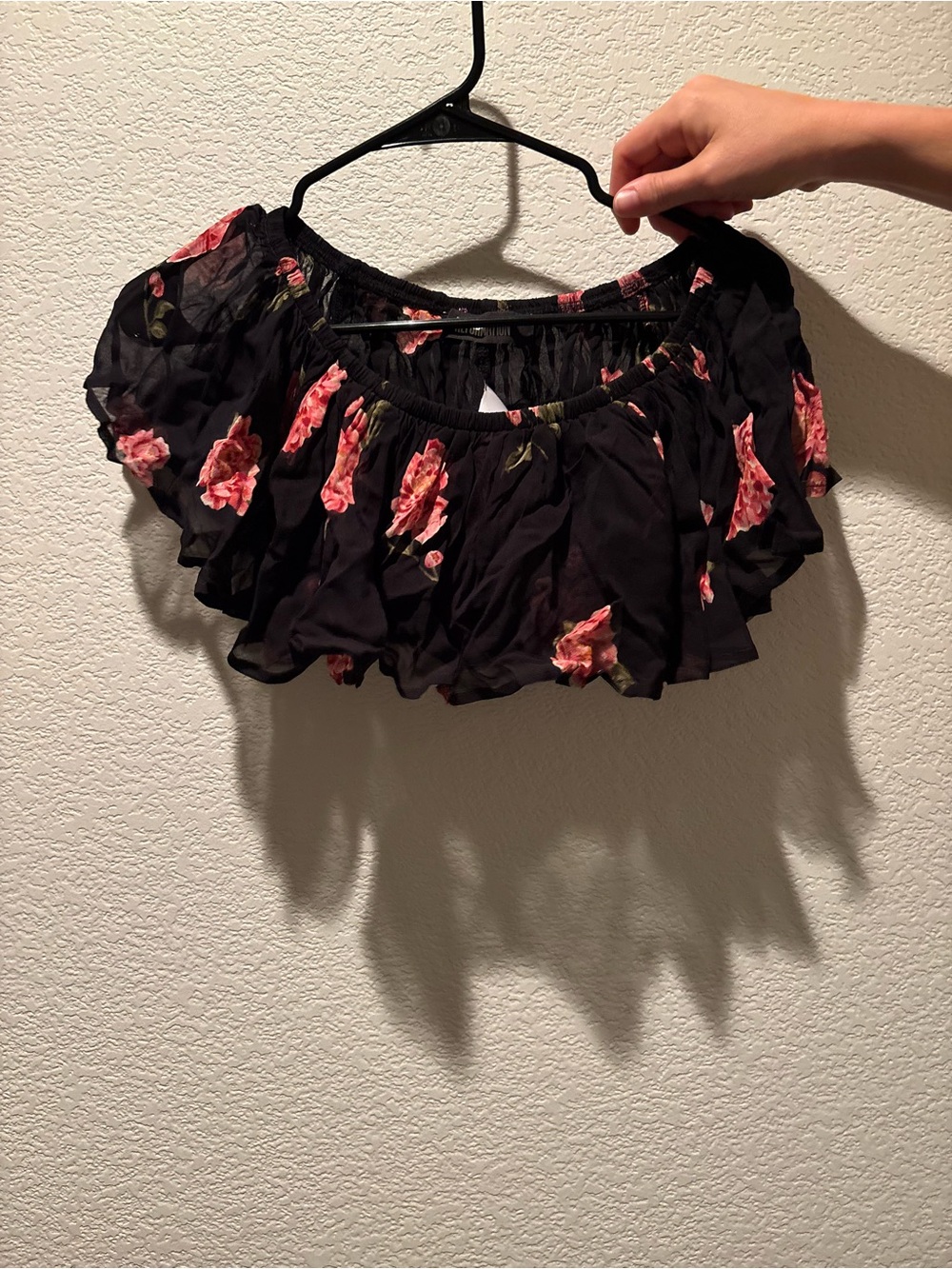 Reformation Black Floral Off-Shoulder Ruffle Crop Top